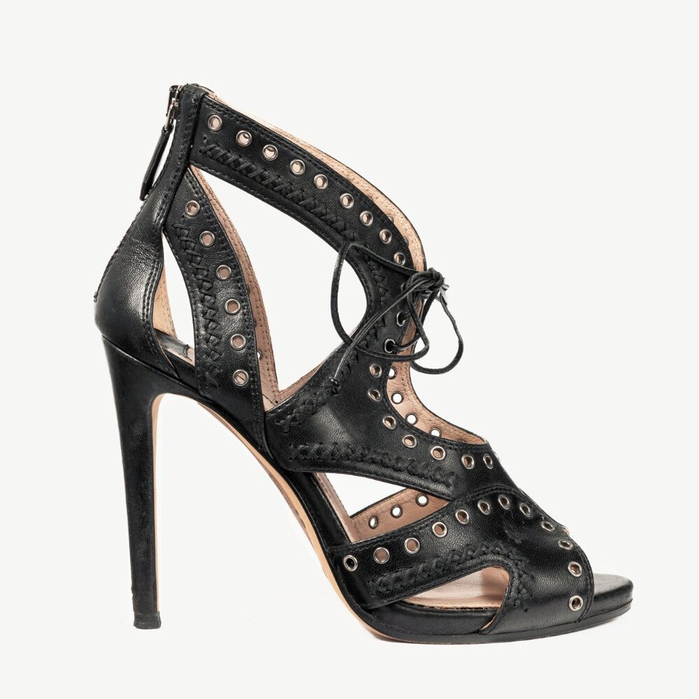 Miu Miu Black Leather Grommet Lace-Up Sandals